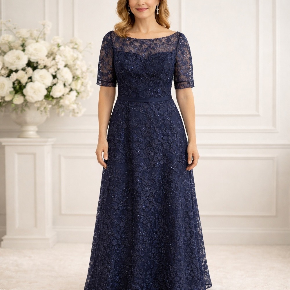 Oleg Cassini Women Lace Hi Low Formal Dress 14 Navy Wedding Mother Elegant NWT